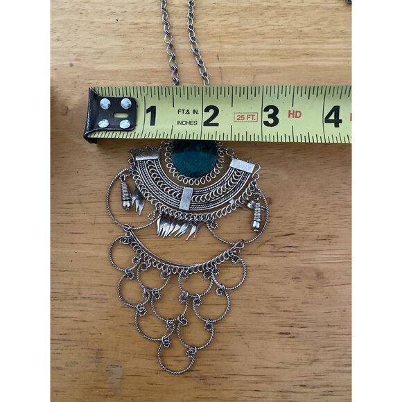 Vtg Handmade Chrysocolla Dangling Pendant Necklace BOHO Peruvian Folk Art Silver - Picture 4 of 7